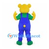 Bear Mascot Costume in Yellow with Blue Overalls