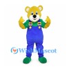 Bear Mascot Costume in Yellow with Blue Overalls