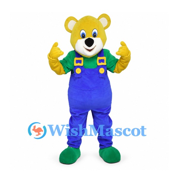 Bear Mascot Costume in Yellow with Blue Overalls