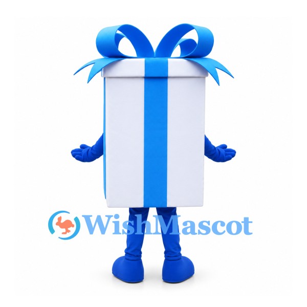 Gift Box Mascot Costume in White with Blue Ribbon