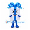 Gift Box Mascot Costume in White with Blue Ribbon