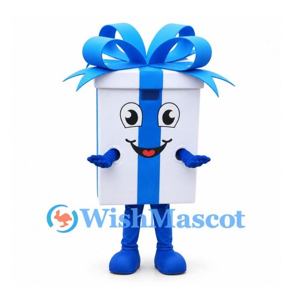 Gift Box Mascot Costume in White with Blue Ribbon