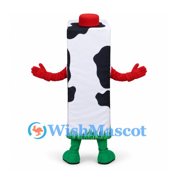 Milk Carton Mascot Costume with Cow Print and Red Cap