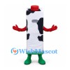 Milk Carton Mascot Costume with Cow Print and Red Cap