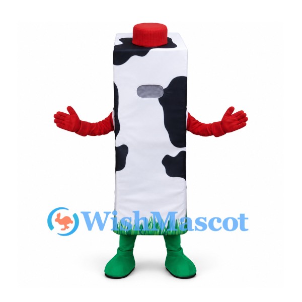 Milk Carton Mascot Costume with Cow Print and Red Cap