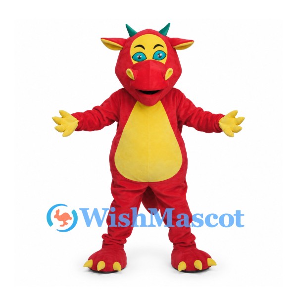 Dragon Mascot Costume in Red with Yellow Belly and Green Spines