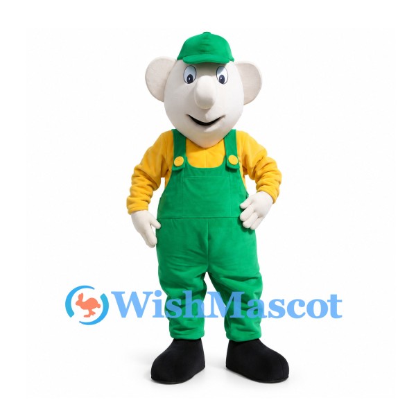 Elephant Mascot Costume with Green Cap and Overalls