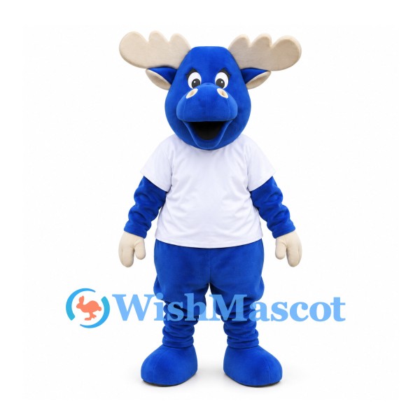 Moose Mascot Costume in Blue with White T-Shirt