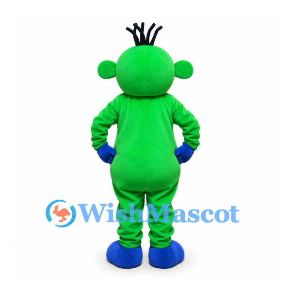 Green Monster Mascot Costume with Black Hair and Blue Shoes