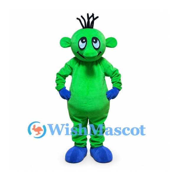 Green Monster Mascot Costume with Black Hair and Blue Shoes