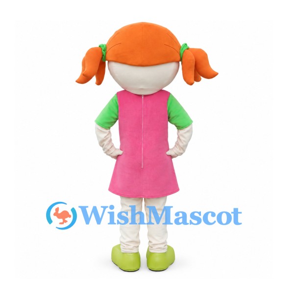 Girl Mascot Costume with Orange Pigtails and Pink Dress