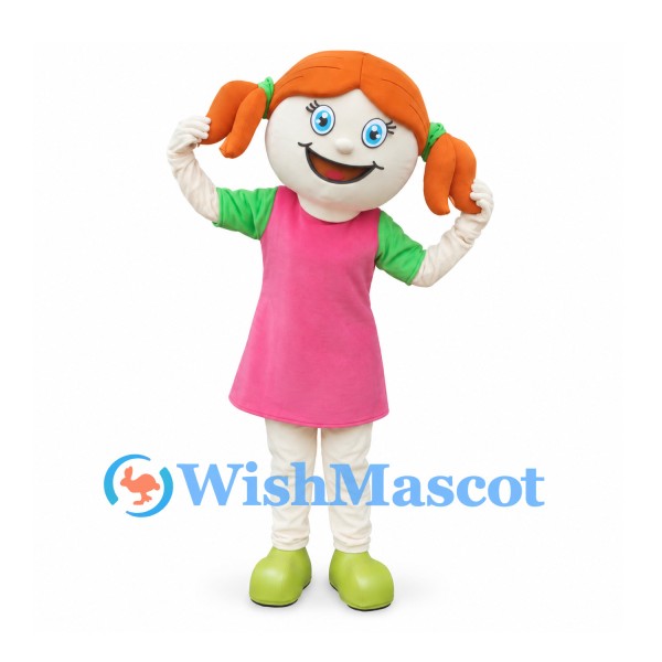 Girl Mascot Costume with Orange Pigtails and Pink Dress