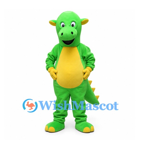 Dragon Mascot Costume in Green with Yellow Belly and Small Wings