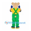 Bear Mascot Costume with Green Overalls and Yellow Shirt