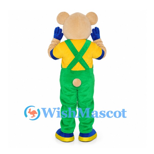Bear Mascot Costume with Green Overalls and Yellow Shirt
