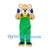 Bear Mascot Costume with Green Overalls and Yellow Shirt