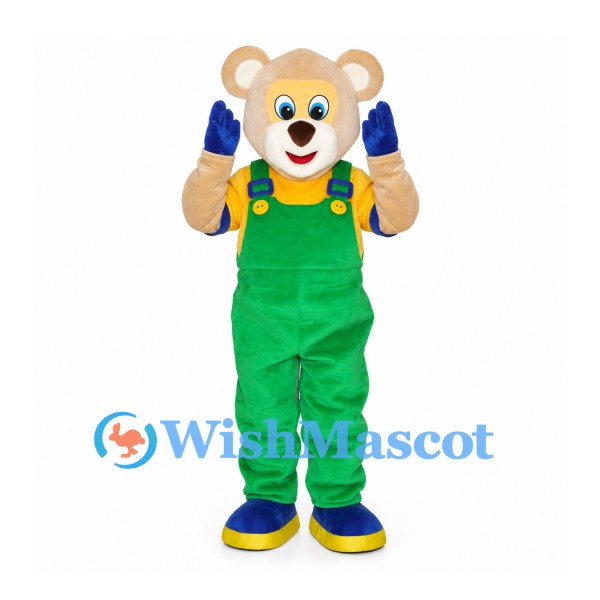 Bear Mascot Costume with Green Overalls and Yellow Shirt