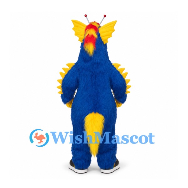 Dragon Mascot Costume in Blue with Yellow Spines and Red Crest