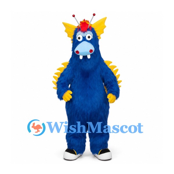Dragon Mascot Costume in Blue with Yellow Spines and Red Crest