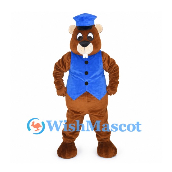 Beaver Mascot Costume with Blue Vest and Top Hat