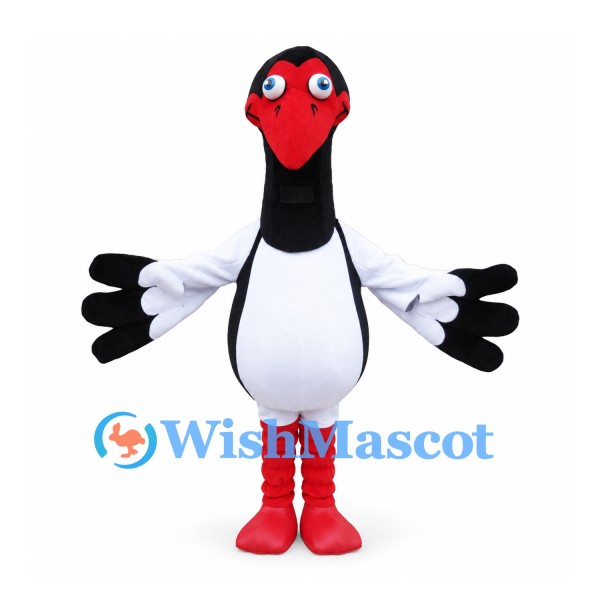 Crane Mascot Costume in Black and White with Red Face