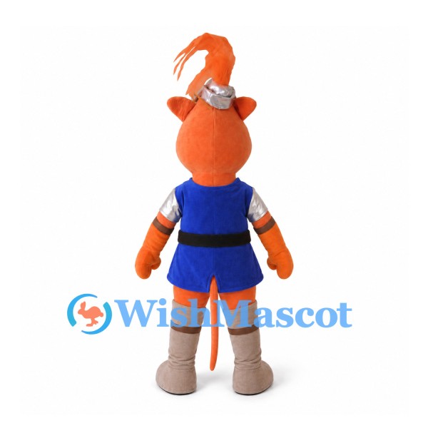 Orange Cat Mascot Costume with Blue Tunic and Feathered Helmet