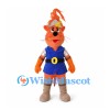 Orange Cat Mascot Costume with Blue Tunic and Feathered Helmet