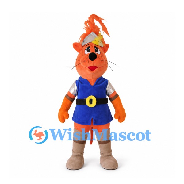 Orange Cat Mascot Costume with Blue Tunic and Feathered Helmet