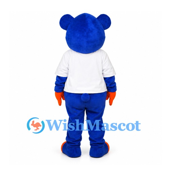 Bear Mascot Costume in Blue with White T-Shirt and Orange Paws