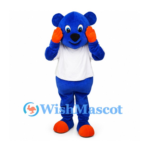 Bear Mascot Costume in Blue with White T-Shirt and Orange Paws