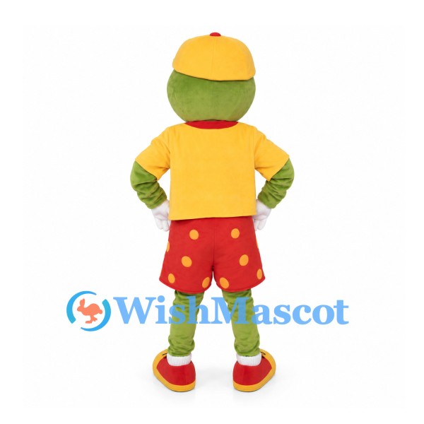 Frog Mascot Costume with Yellow Cap and Red Polka Dot Shorts