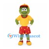 Frog Mascot Costume with Yellow Cap and Red Polka Dot Shorts
