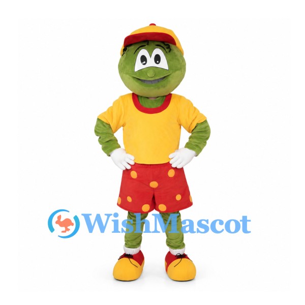 Frog Mascot Costume with Yellow Cap and Red Polka Dot Shorts