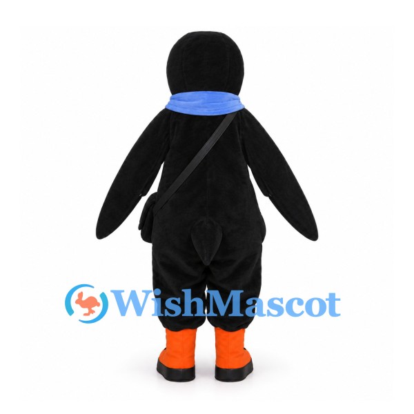 Penguin Mascot Costume with Blue Scarf and Orange Striped Shoes