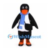 Penguin Mascot Costume with Blue Scarf and Orange Striped Shoes