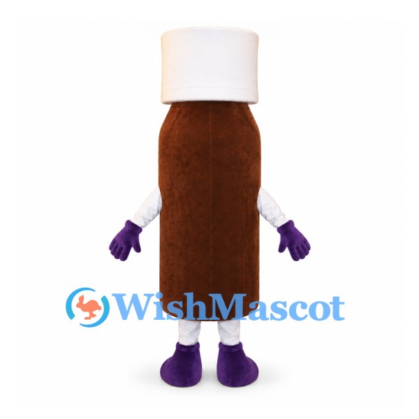Bottle Mascot Costume in Brown with White Cap and Label