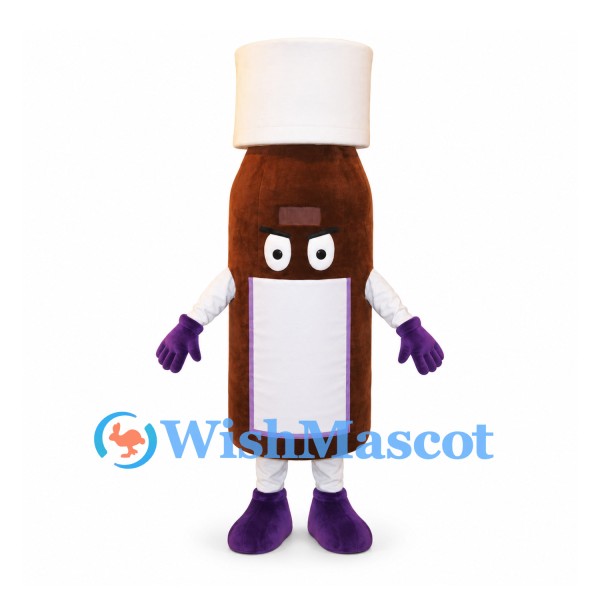 Bottle Mascot Costume in Brown with White Cap and Label