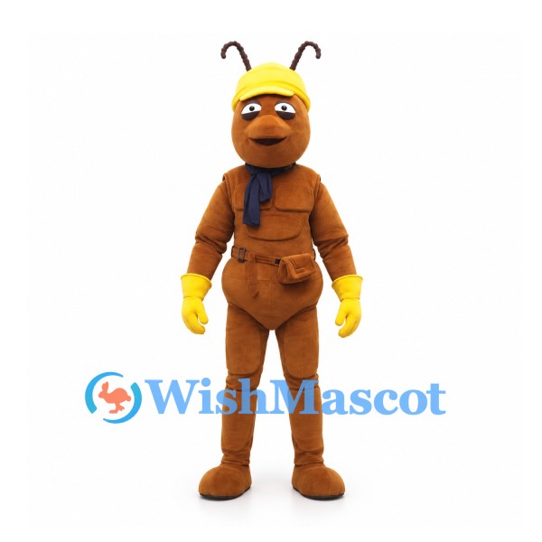 Ant Mascot Costume with Yellow Hard Hat and Blue Scarf