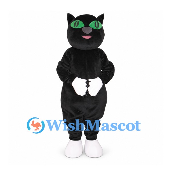 Cat Mascot Costume in Black with Green Eyes and White Paws