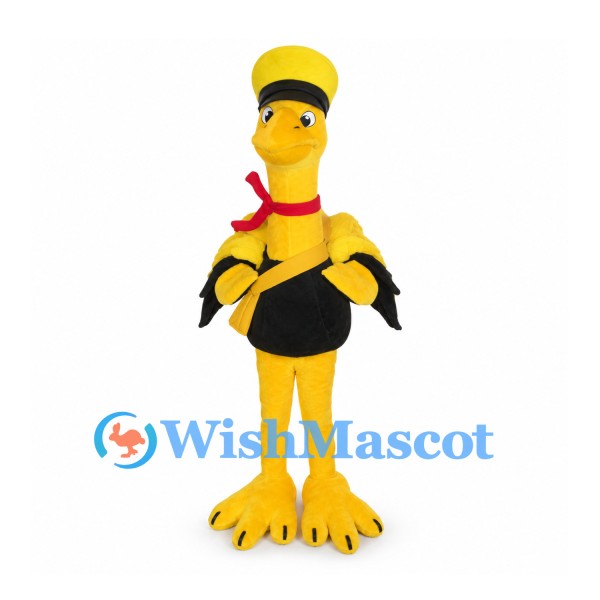 Bird Mascot Costume in Yellow with Black Outfit and Red Scarf