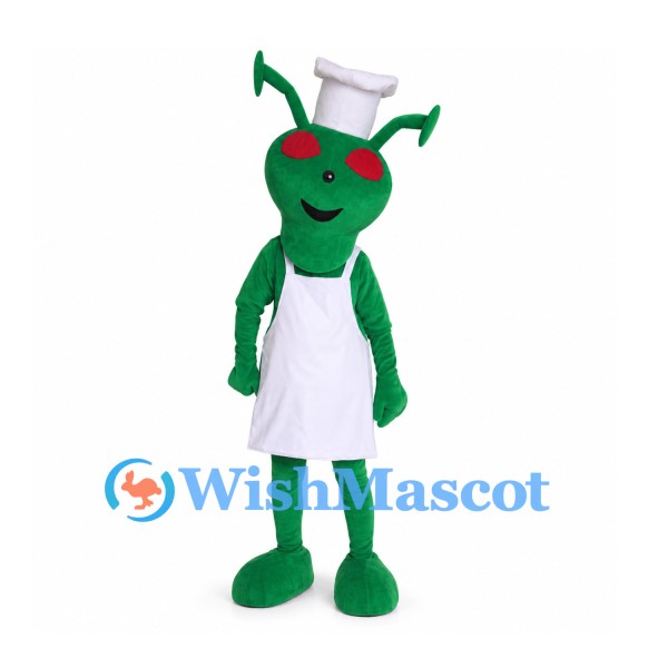 Ant Mascot Costume in Green with White Chef Hat and Apron