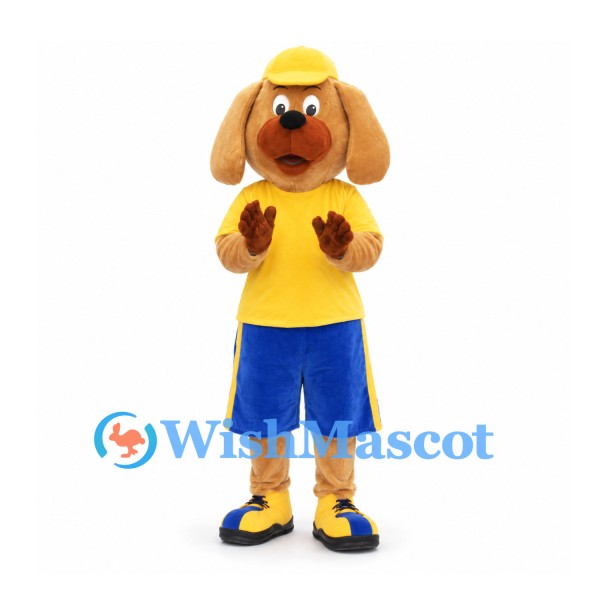 Dog Mascot Costume with Yellow Shirt and Blue Shorts