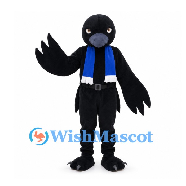 Bird Mascot Costume in Black with Yellow Cap and Blue Scarf