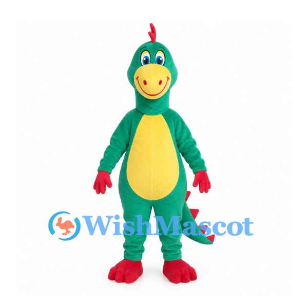 Dinosaur Mascot Costume in Green with Yellow Belly and Red Spines