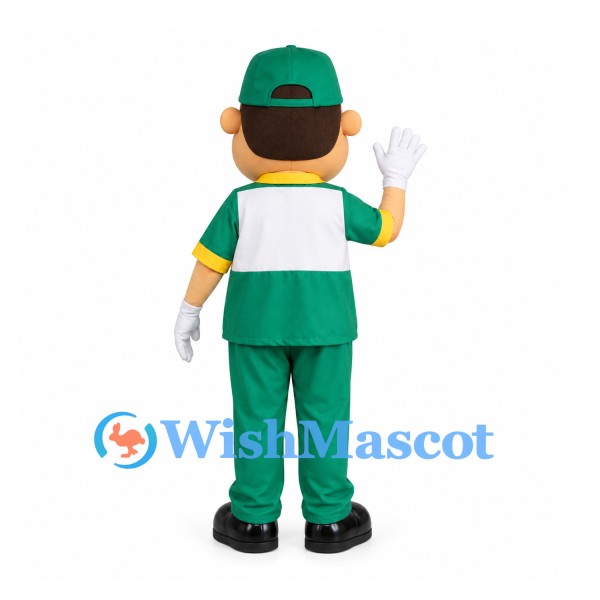 Worker Mascot Costume with Green Cap and Uniform
