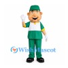 Worker Mascot Costume with Green Cap and Uniform