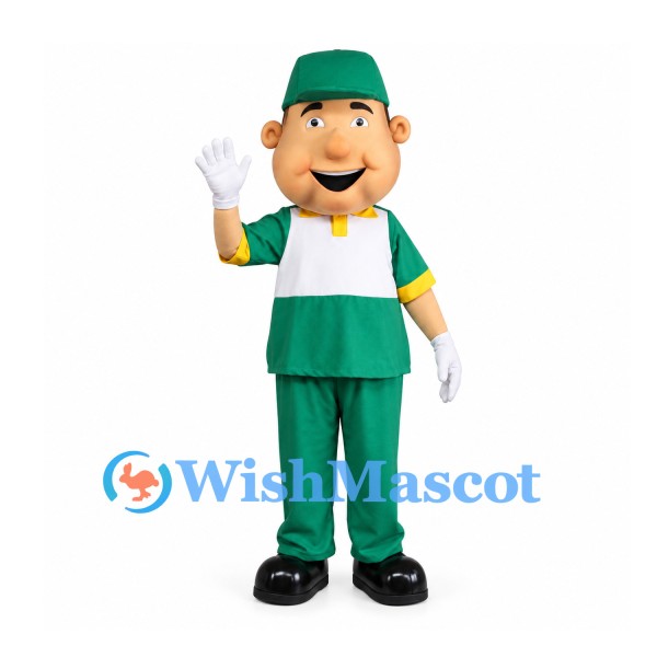 Worker Mascot Costume with Green Cap and Uniform