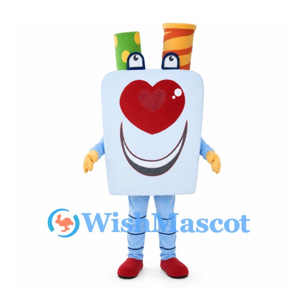 Pencil Holder Mascot Costume with Heart Nose and Colorful Pencils