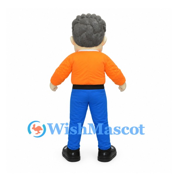 Man Mascot Costume with Gray Hair, Glasses and Orange Shirt