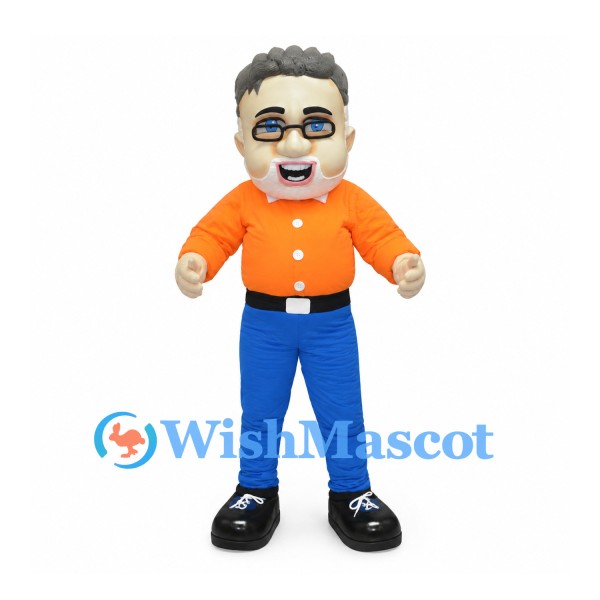 Man Mascot Costume with Gray Hair, Glasses and Orange Shirt